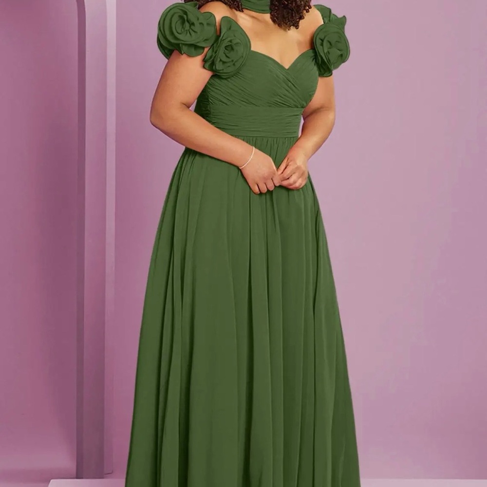 Barbie by Azazie A-Line Off Shoulder Chiffon Convertible Dress Olive Green NWT - Picture 3 of 11